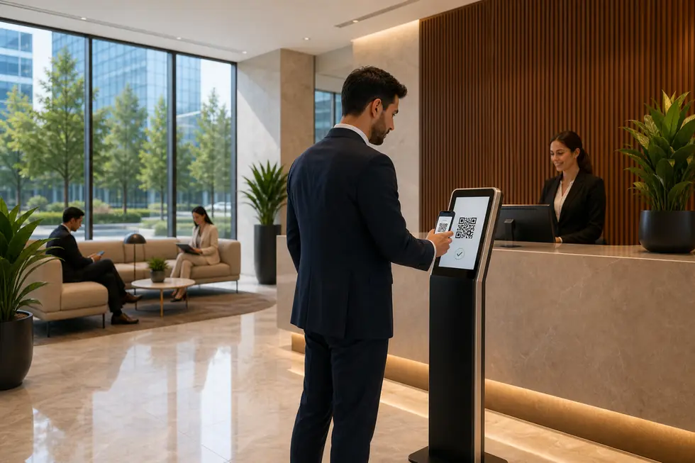 Visitor scanning a QR code at a modern reception desk